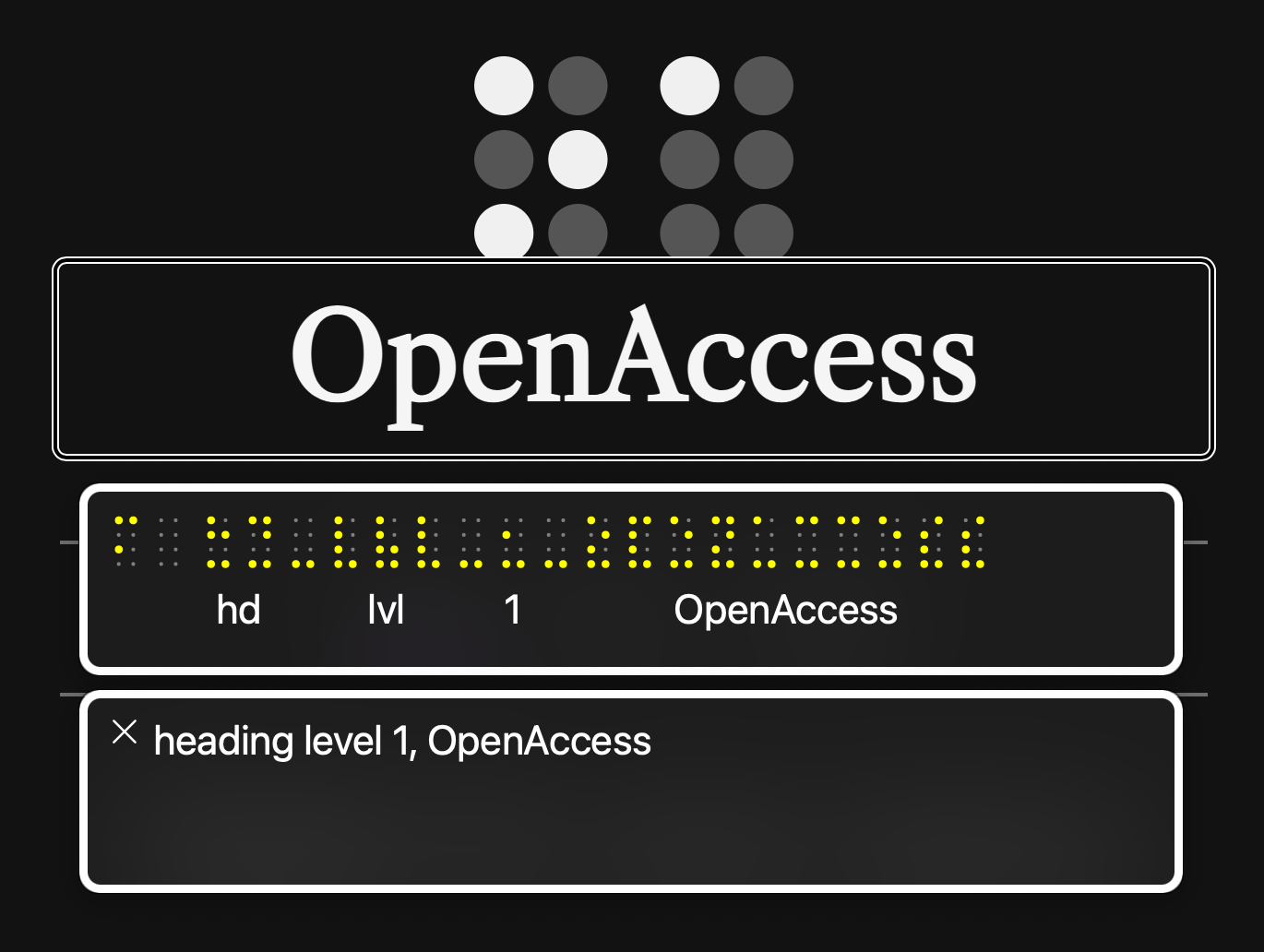 macOS Braille Panel showing Braille dots on the screen while VoiceOver is announcing the OpenAccess logo