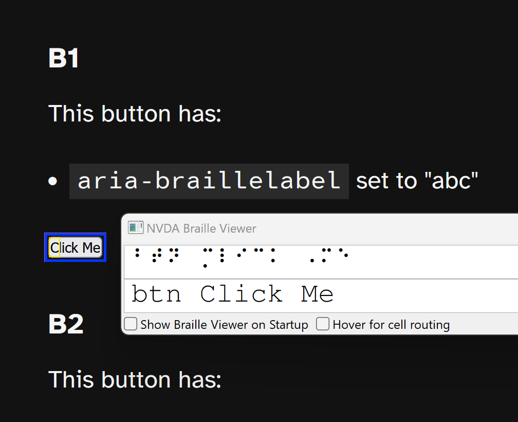 NVDA Braille viewer showing Braille dots